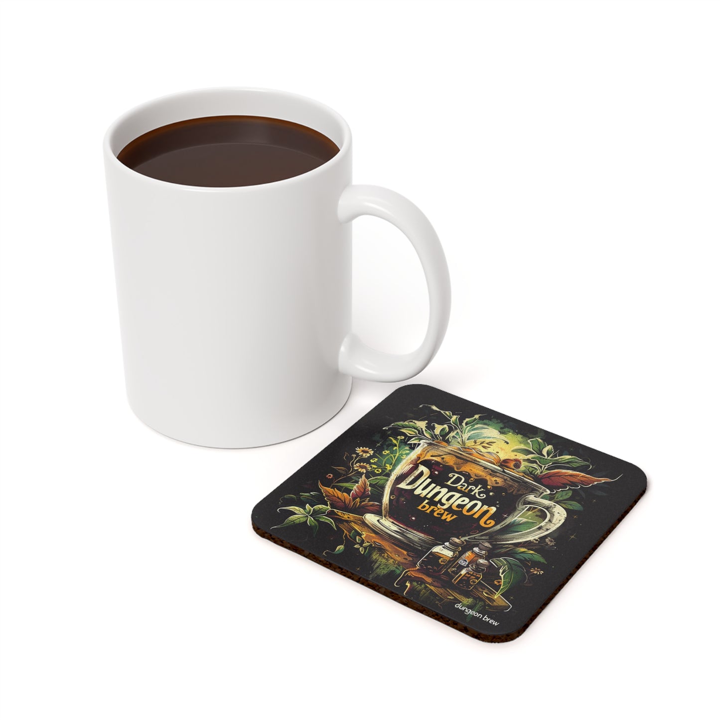 Dark Dungeon Brew - Cork Back Coaster - For fantasy enthusiasts and coffee lovers, dark art, DnD accessories, dark roast coffee design