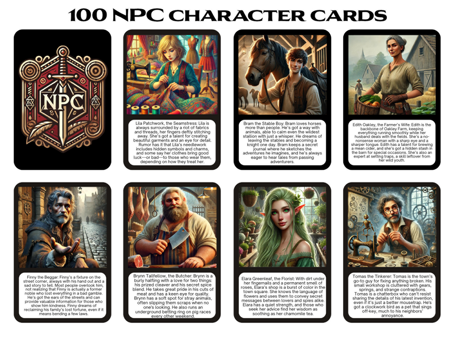 100 Unique NPC Character Cards for DnD & RPG Tabletop Games | Printable 2.5x3.5 Inch | 300 DPI | 3 Card Back colors | Instant Download