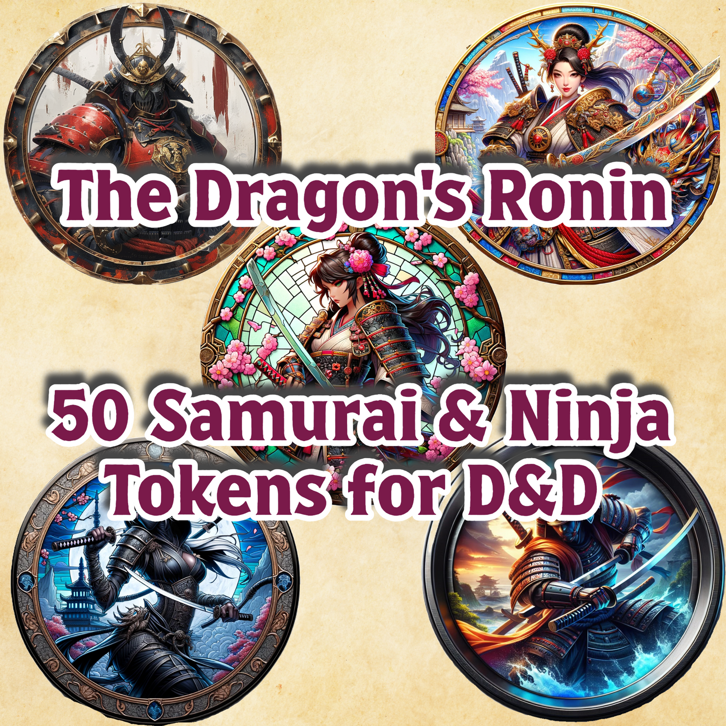 The Dragon's Ronin: 50 Digital Samurai Tokens for D&D - Fantasy Art PNGs, Transparent background VTT markers, Instant Download RPG coins